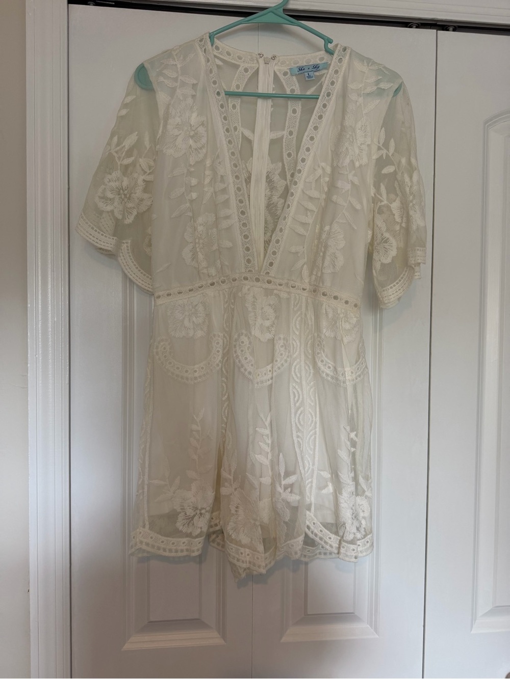 She and Sky Cream Lace Embroidered V-Neck Romper